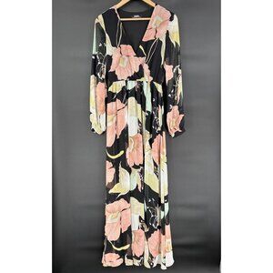 LuLu's Women's Floral Maxi Dress M Black Pink Fairy Whimsigoth Wedding Guest